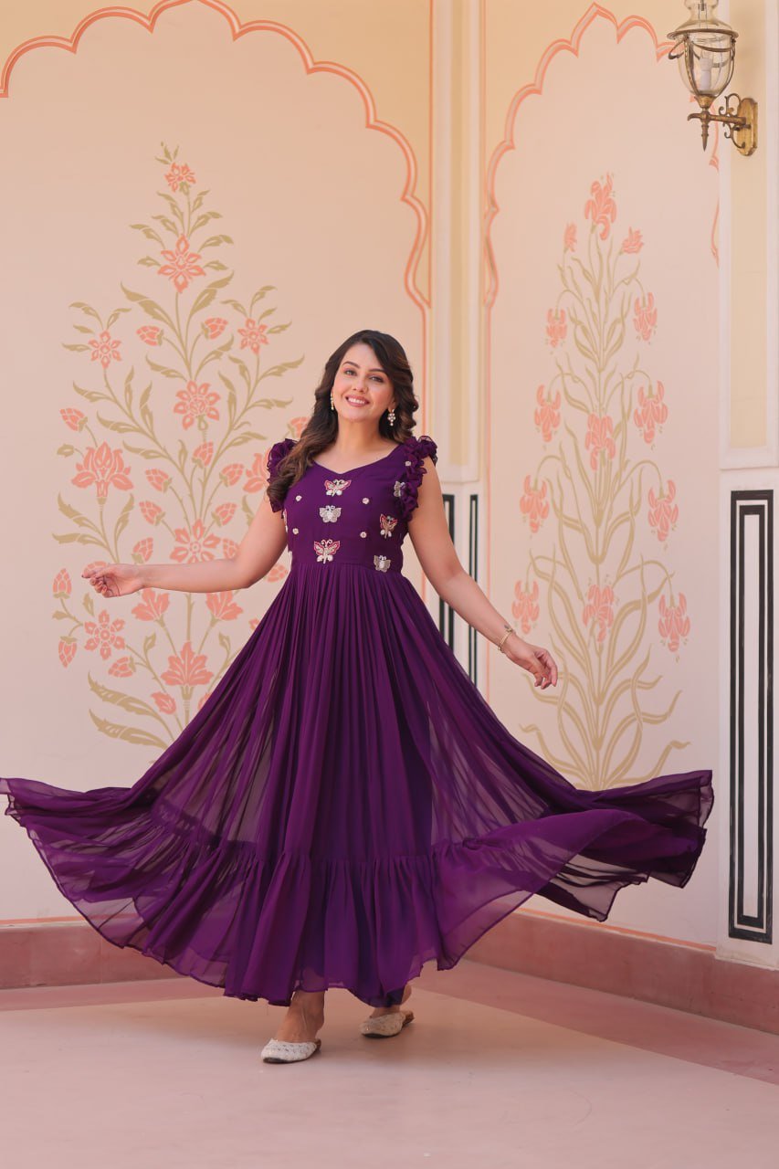 Women's Elegant Plum Purple Georgette Anarkali Gown with Butterfly Applique & Ruffle Sleeves – Festive & Special Occasion Wear - Image 15