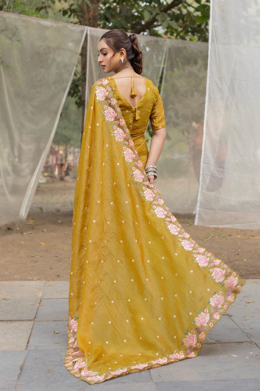 Women's Pristine White Organza Saree with Exquisite Pink & Green Floral Thread Embroidery – Complete with Matching Embroidered Blouse for Festive & Summer Wear - Image 6
